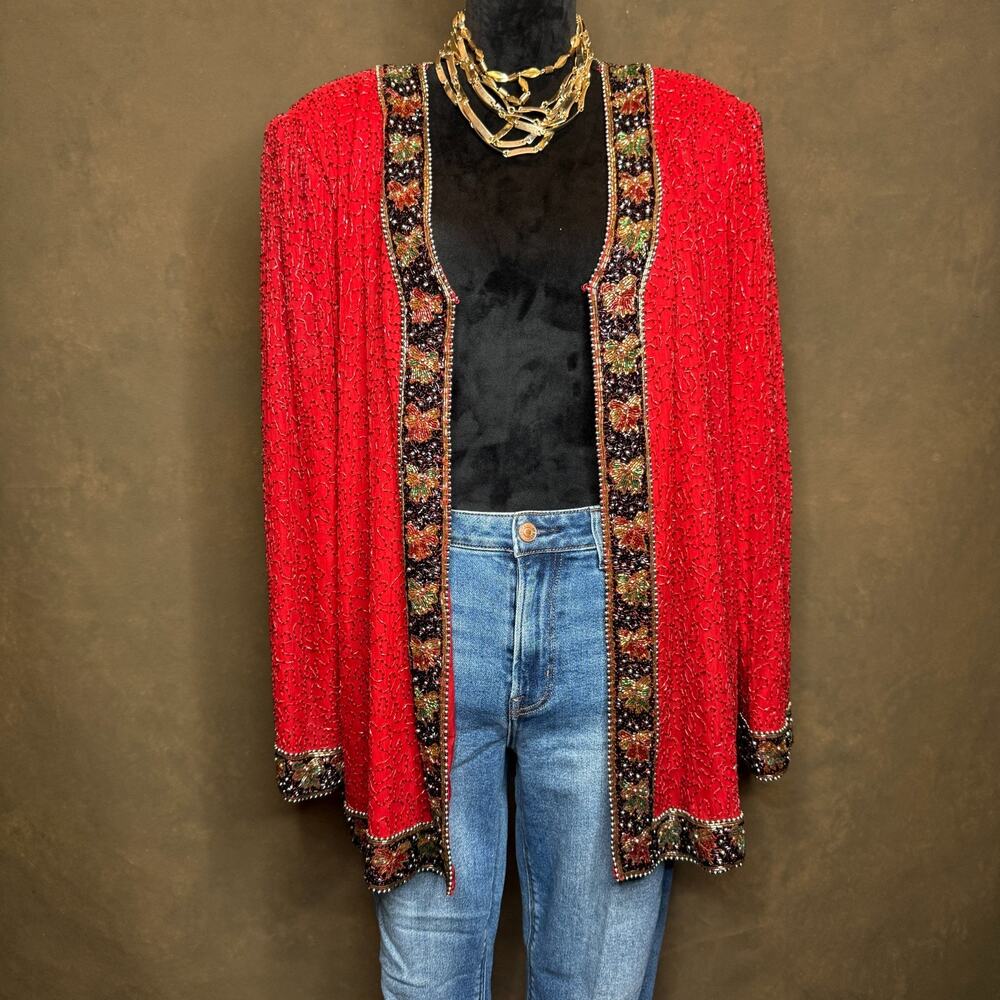 Laurence Kazar Red Beaded Silk Open Front Jacket Cardigan Plus Size 2X